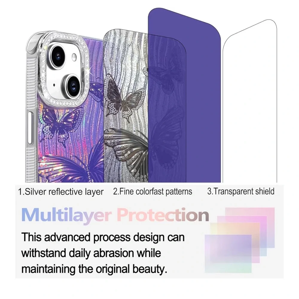 iPhone 14 iPhone 13 Case Butterfly Design 3D Diamond Camera Lens NEW Purple